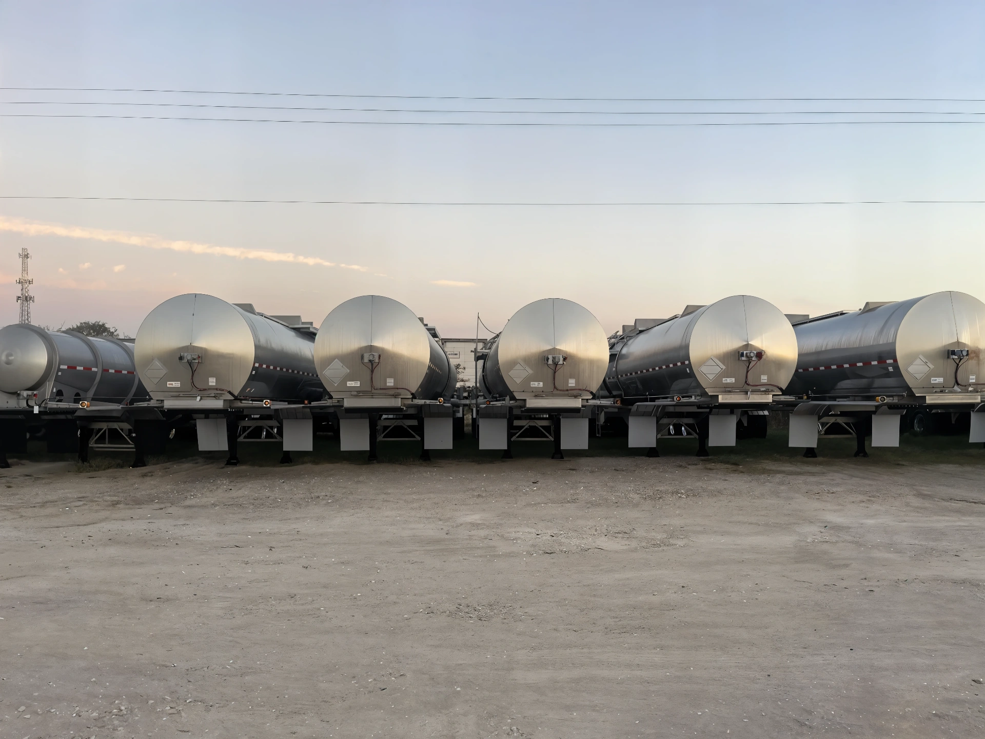 Line of stainless-steel liquid tanker trailers staged at dusk